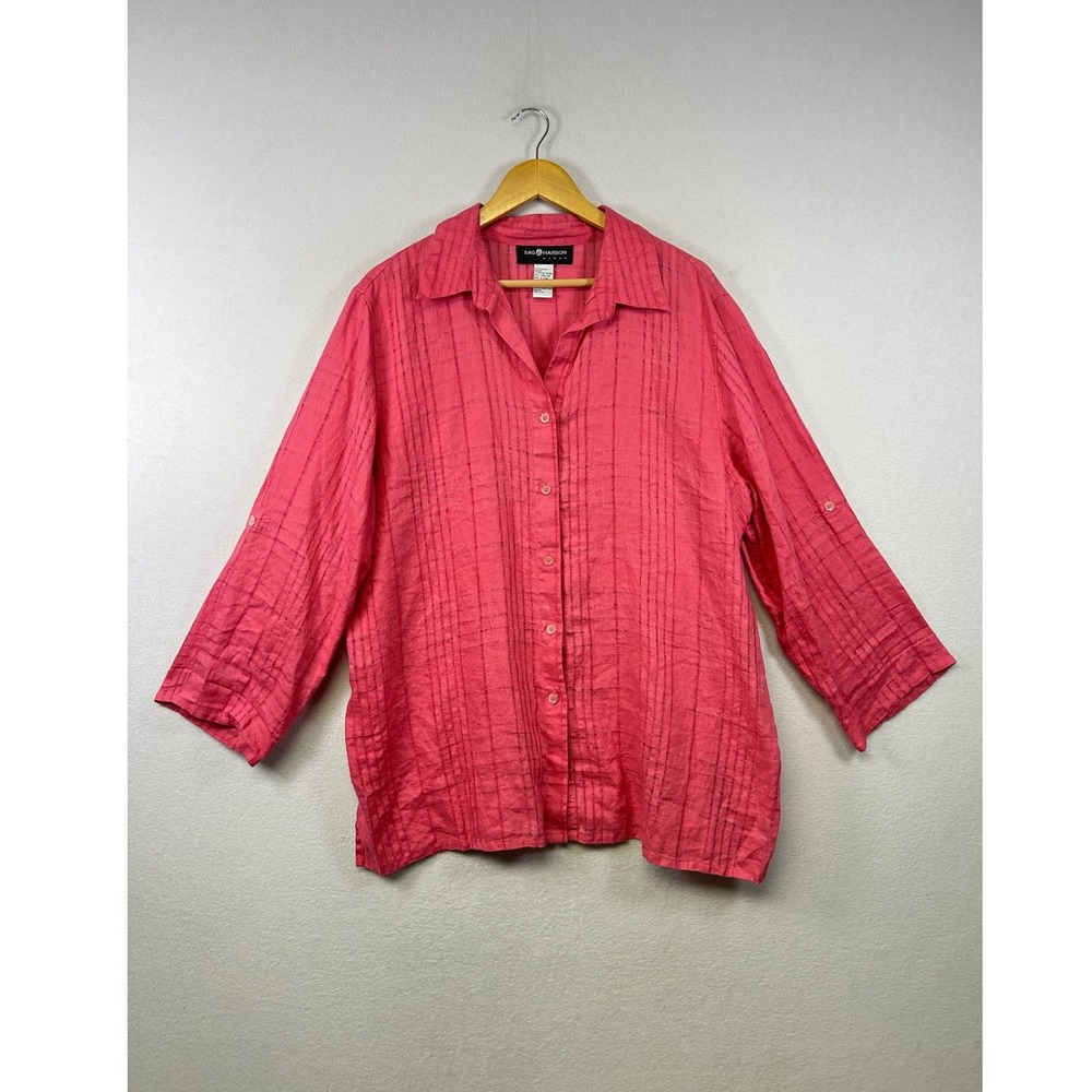 Sag Harbor Woman Linen Button Up Shirt Women 2X Pink Stripe